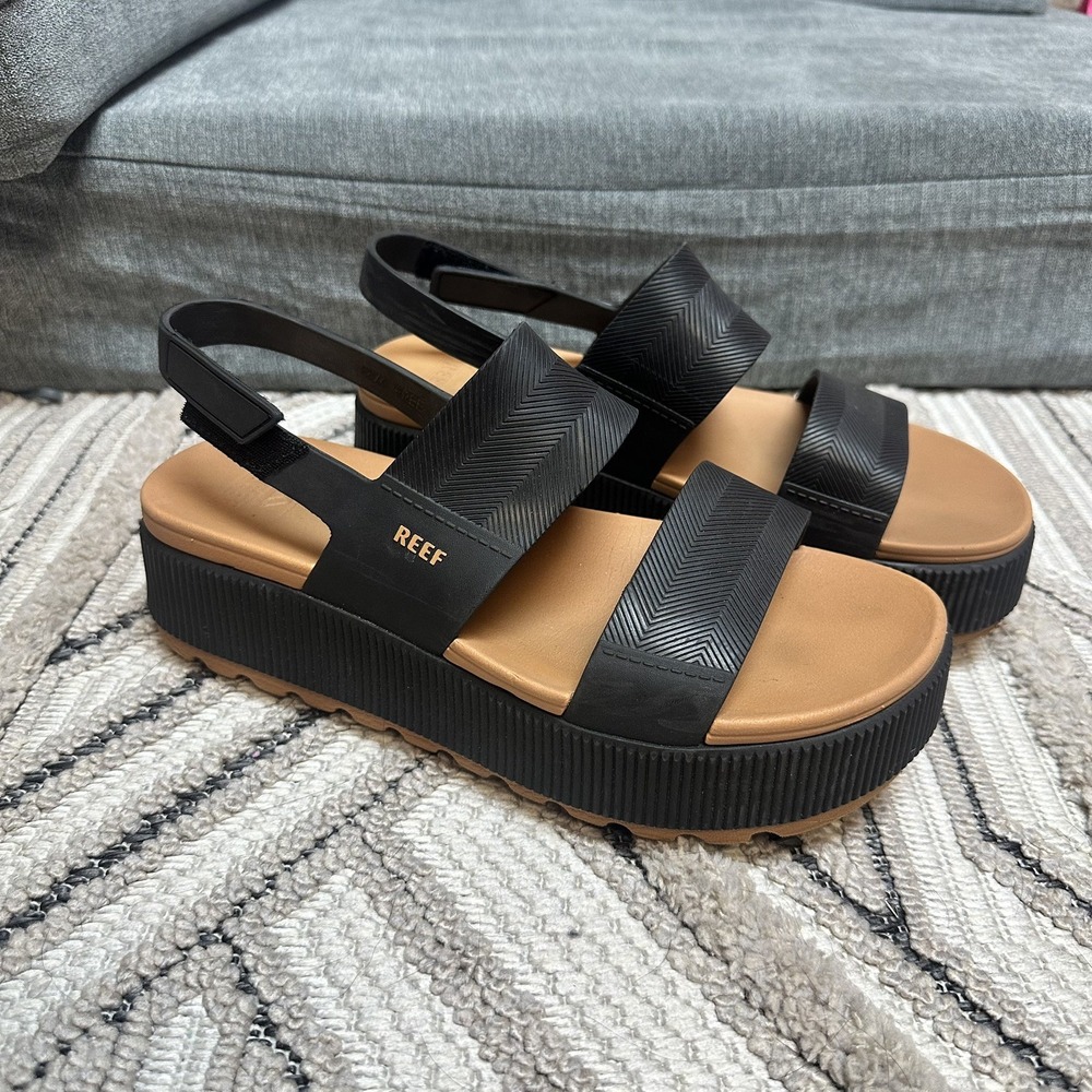 REEF Water Vista Higher Platform Sandals Black/Tan Sz 10 Coastal Beach Vacation